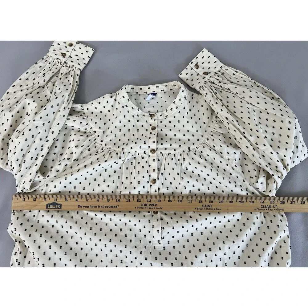 Old Navy Blouse Women's XL Tall Cream Black Swiss Dot Henley Long Sleeve Top